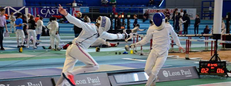 Photo of fencing match between two fencers